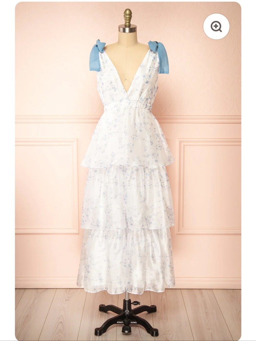 Storia White & Light Blue Floral Tiered Midi Dress with Bow Straps Large Neiva